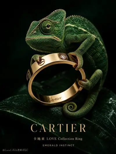 Cartier LOVE ring campaign poster with an emerald chameleon