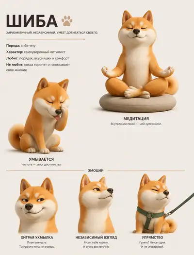 Design de personagem estilo Pixar de um cão Shiba Inu