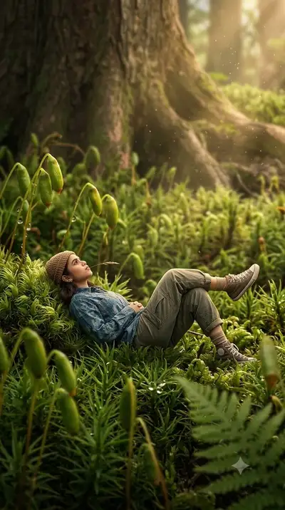Retrato en escala miniatura descansando sobre musgo gigantesco