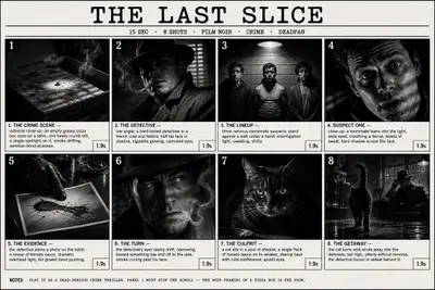Planche de storyboard film noir : le mystère de « La dernière part » de pizza
