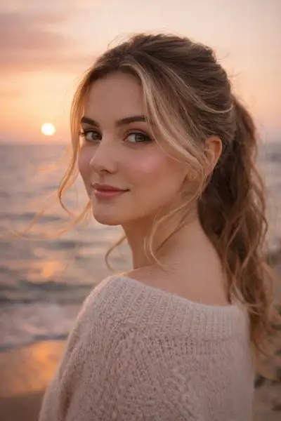 Seaside sunset portrait in a cream knit sweater
