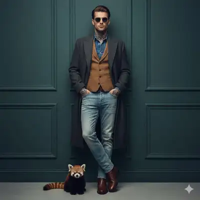 Editorial fashion portrait of stylish man with red panda