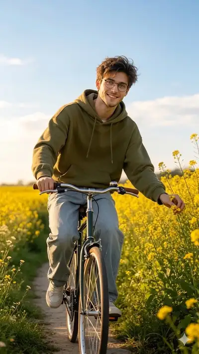 Cinematic Golden Hour Cyclist in Rapeseed Field