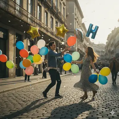 Pareja romántica con globos en calle empedrada