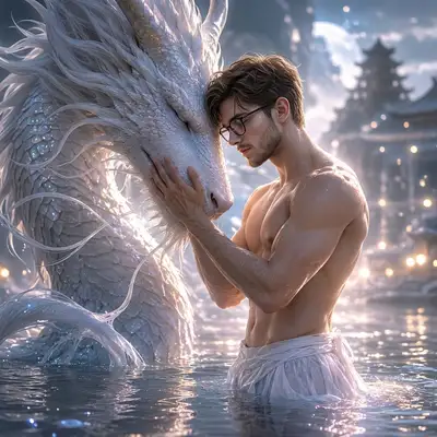Man and White Dragon in Moonlit Water