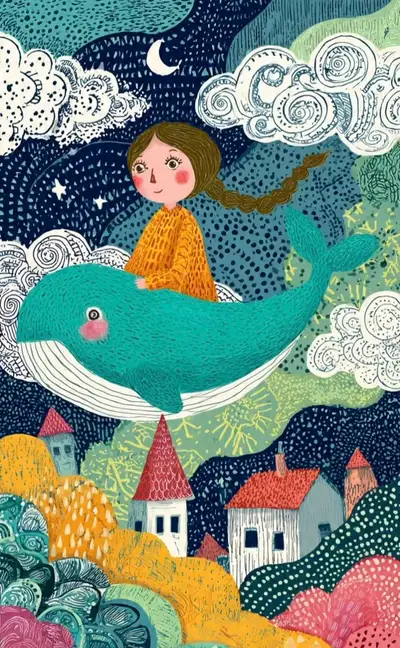 Whimsical folk-art female figure illustration