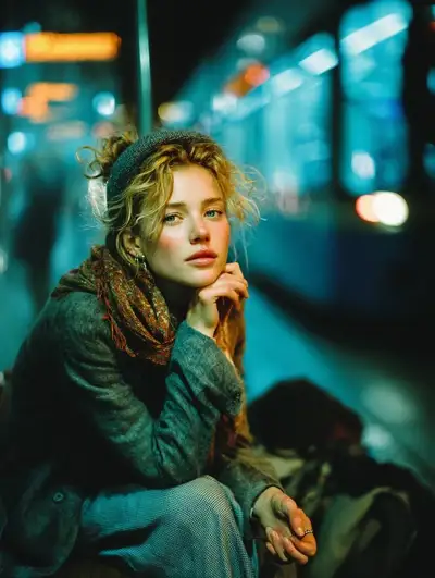 Moody cinematic subway platform portrait with neon lighting