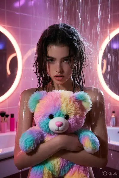 Cinematic Rainy Bathroom Portrait with Teddy Bear