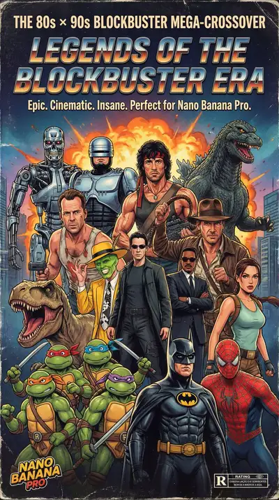 Affiche de film méga-crossover des blockbusters des années 80 et 90