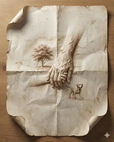 Scene emerging from the folds of an aged paper origami