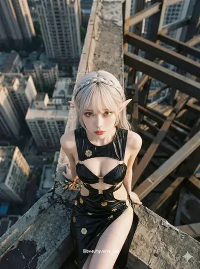 Top-down rooftop portrait looking up at camera