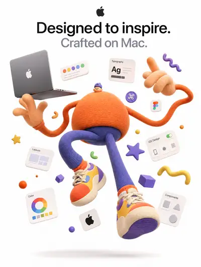 Soft sculpture 3D cartoon character jumping, Apple designer poster