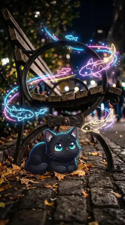 Chibi Anime Cat Under Park Bench with Neon Fish