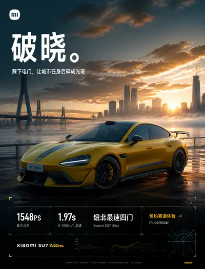 Xiaomi SU7 Ultra dawn performance car campaign template prompt