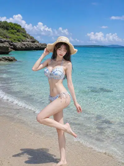 Blue Flower and Straw Hat Beach Portrait
