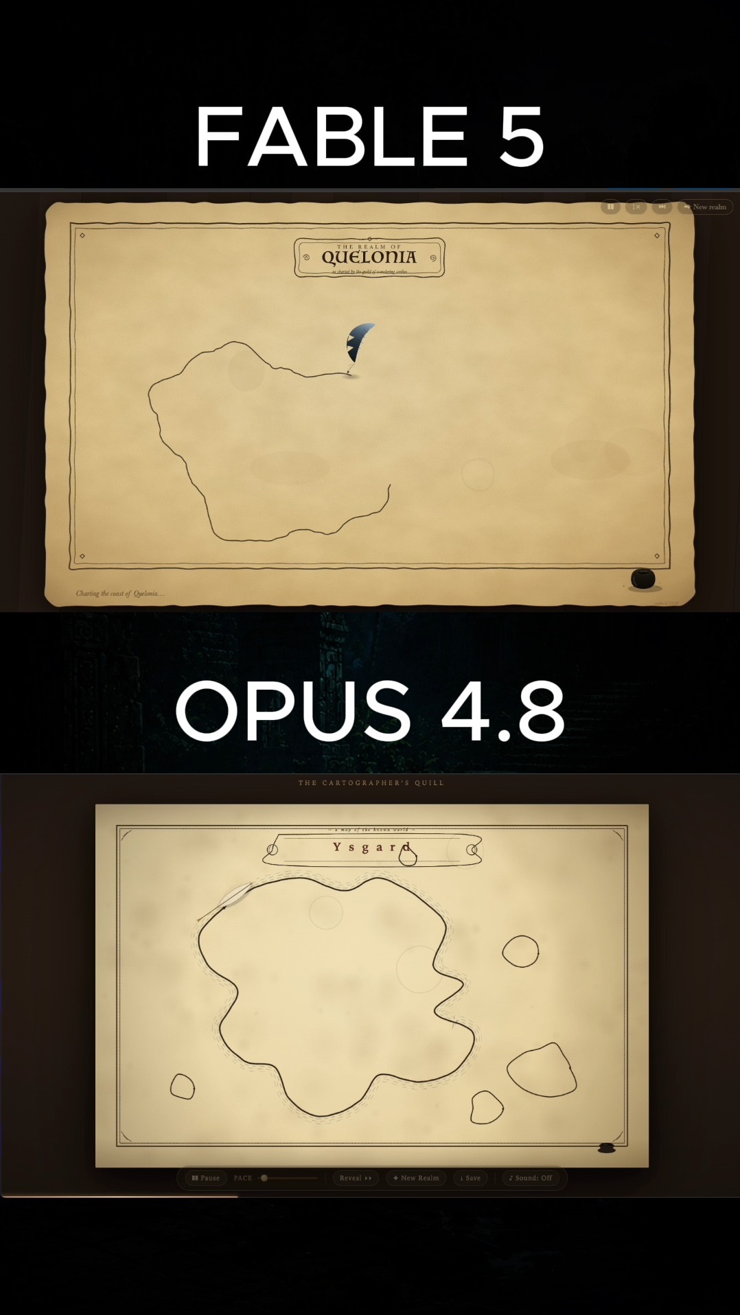Quill drawing a fantasy world map animation in HTML