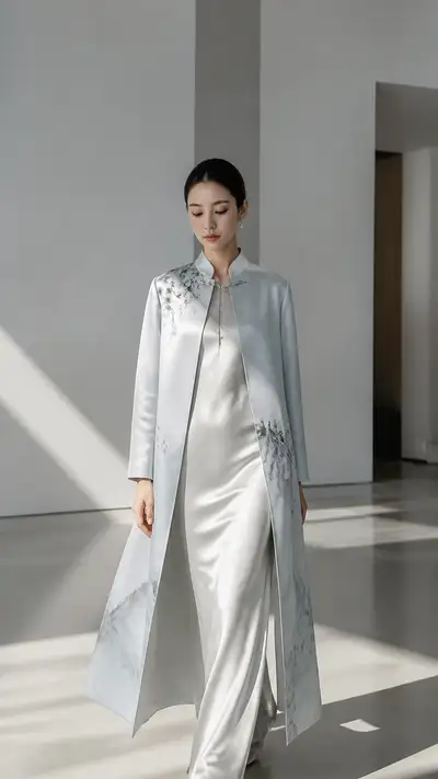 Modern Chinese style satin coat portrait in a minimalist gallery