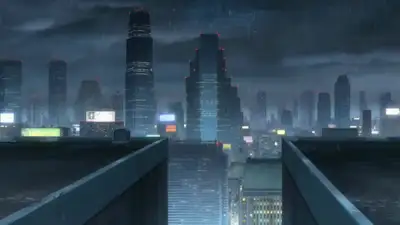 Anime rooftop parkour chase in thunderstorm