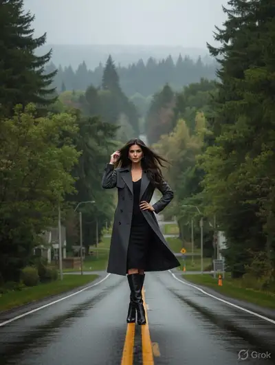 Cinematic Photograph of Woman on Foggy Rural Road