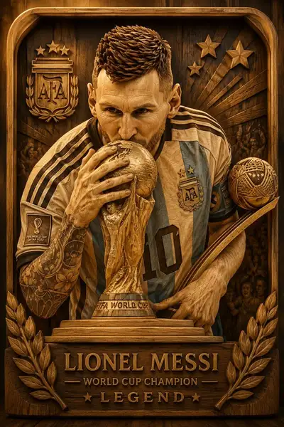 Carved wooden sculpture poster of a champion athlete