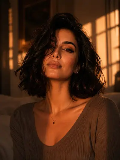 Golden-Hour-Editorial-Porträt mit kurzem braunem Bob