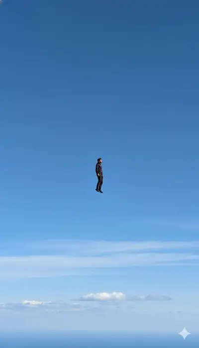 Cinematic Wide Shot of Man Floating in Sky