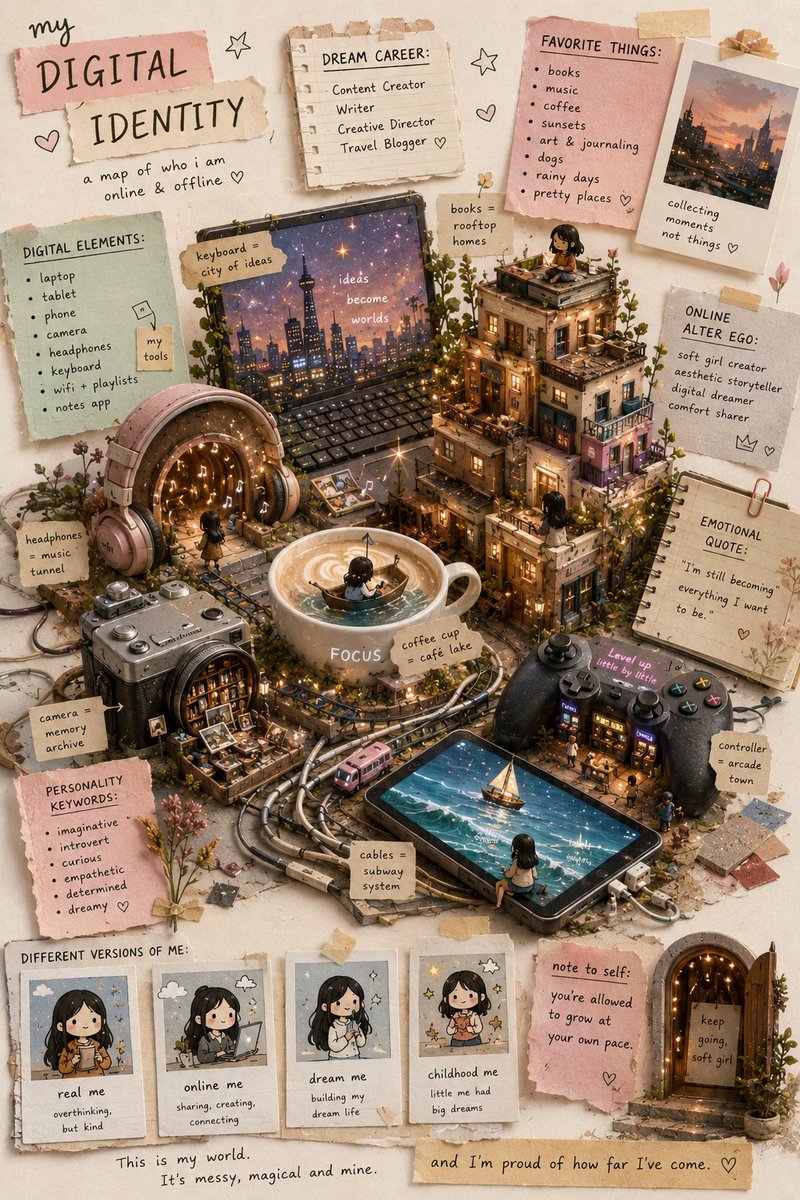 Create a poetic miniature collage universe showing a student’s DIGITAL IDENTITY