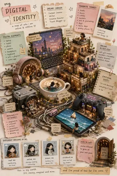 Erschaffe ein poetisches Miniatur-Collage-Universum, das die DIGITALE IDENTITÄT eines Studenten zeigt