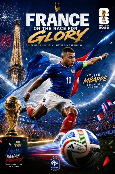 Cinematic France World Cup 2026 hero poster featuring Mbappe