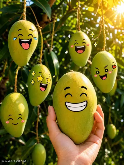 Flat-lay mango tray with cute cartoon faces on each fruit