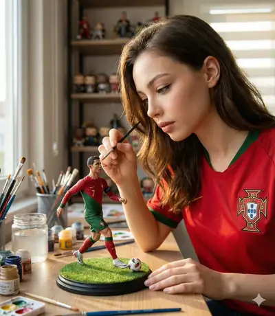 Woman painting a miniature Ronaldo football figurine