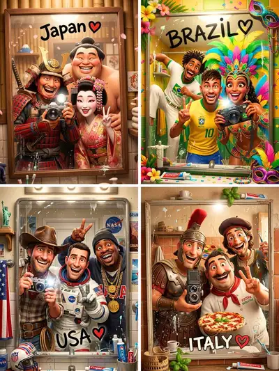 Pixar-style bathroom selfie of a country's icons