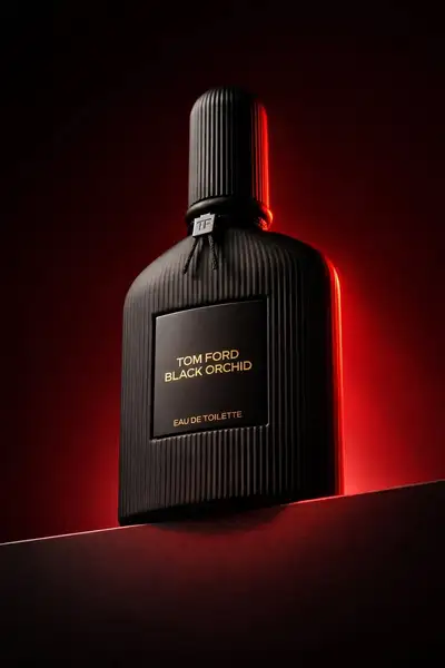 Low angle luxury Tom Ford Black Orchid perfume shot