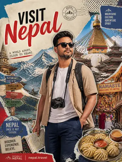 Nepal Travel Collage Poster with Foreign Tourist Character