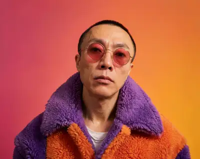 High-fashion portrait with rose-tinted sunglasses and sherpa coat