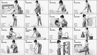 Prompt de storyboard en niveaux de gris a 16 volets de taches menageres