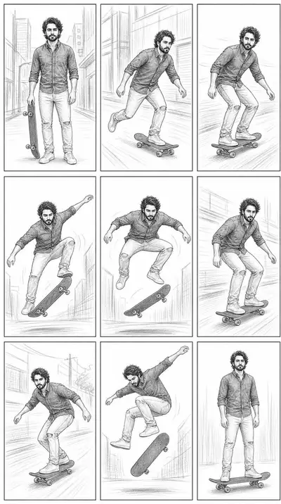 Séquence de skateboard urbain avec chronologie et contrôles de mouvement