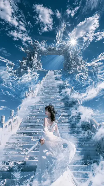 Doncella Celestial en Escaleras Celestiales - Prompt de Midjourney