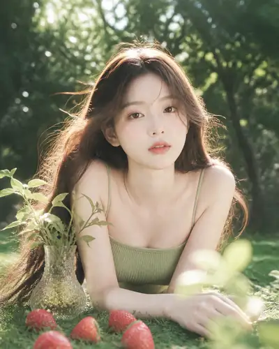 Fresh forest-style summer portrait with avocado green top