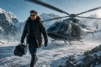Cinematic Helicopter Landing on Icy Mountain