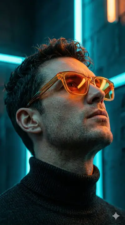 Neon cyberpunk portrait of a man in orange sunglasses and turtleneck
