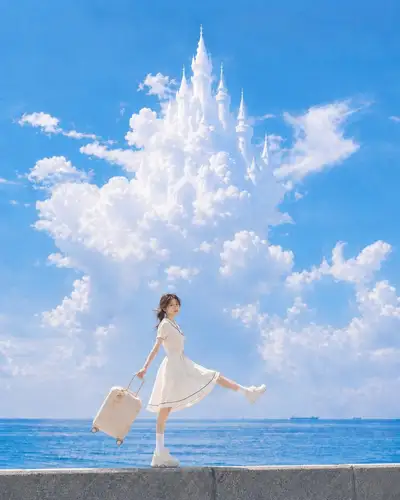 Woman with a suitcase beneath a giant cloud castle