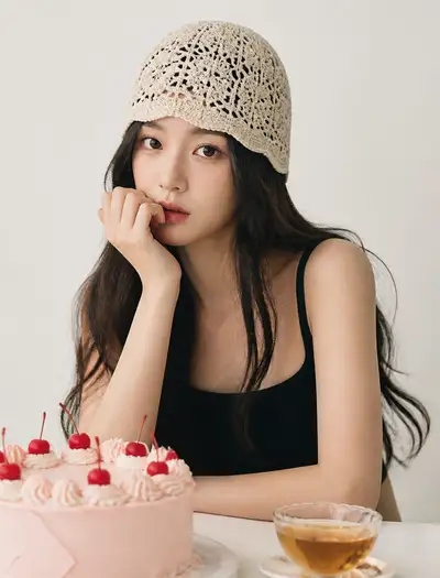 High-key editorial portrait with cake and crochet beanie