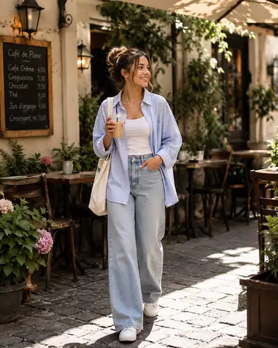 Lifestyle fashion portrait in a cafe courtyard