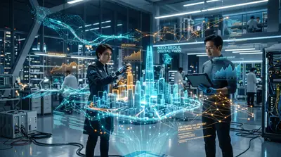 Futuristic lab with holographic digital twin visualization