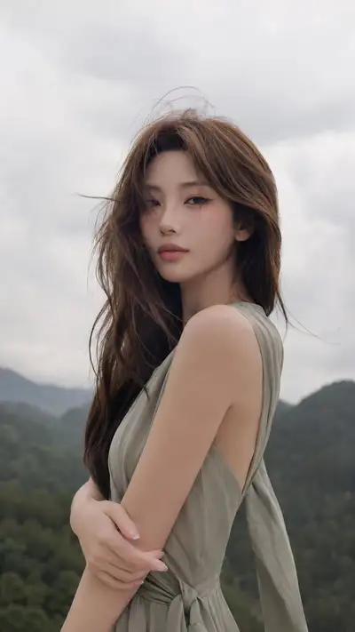 Photorealistic Editorial Portrait of a Young East Asian Woman in Mountain Landsc