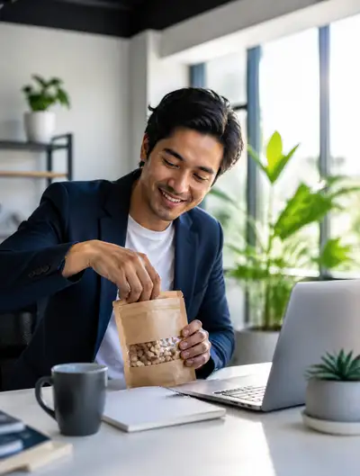Candid office lifestyle photo snacking on cashews