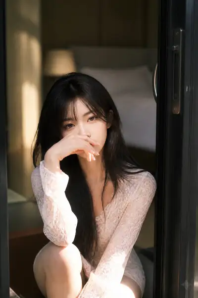 Golden-Hour Portrait of a Woman in a Glass Doorway