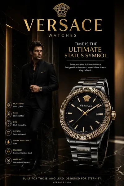 Versace luxury watch advertisement, split-layout campaign