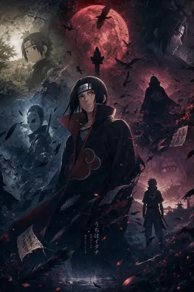 Itachi Uchiha cinematic evolution poster, anime key visual